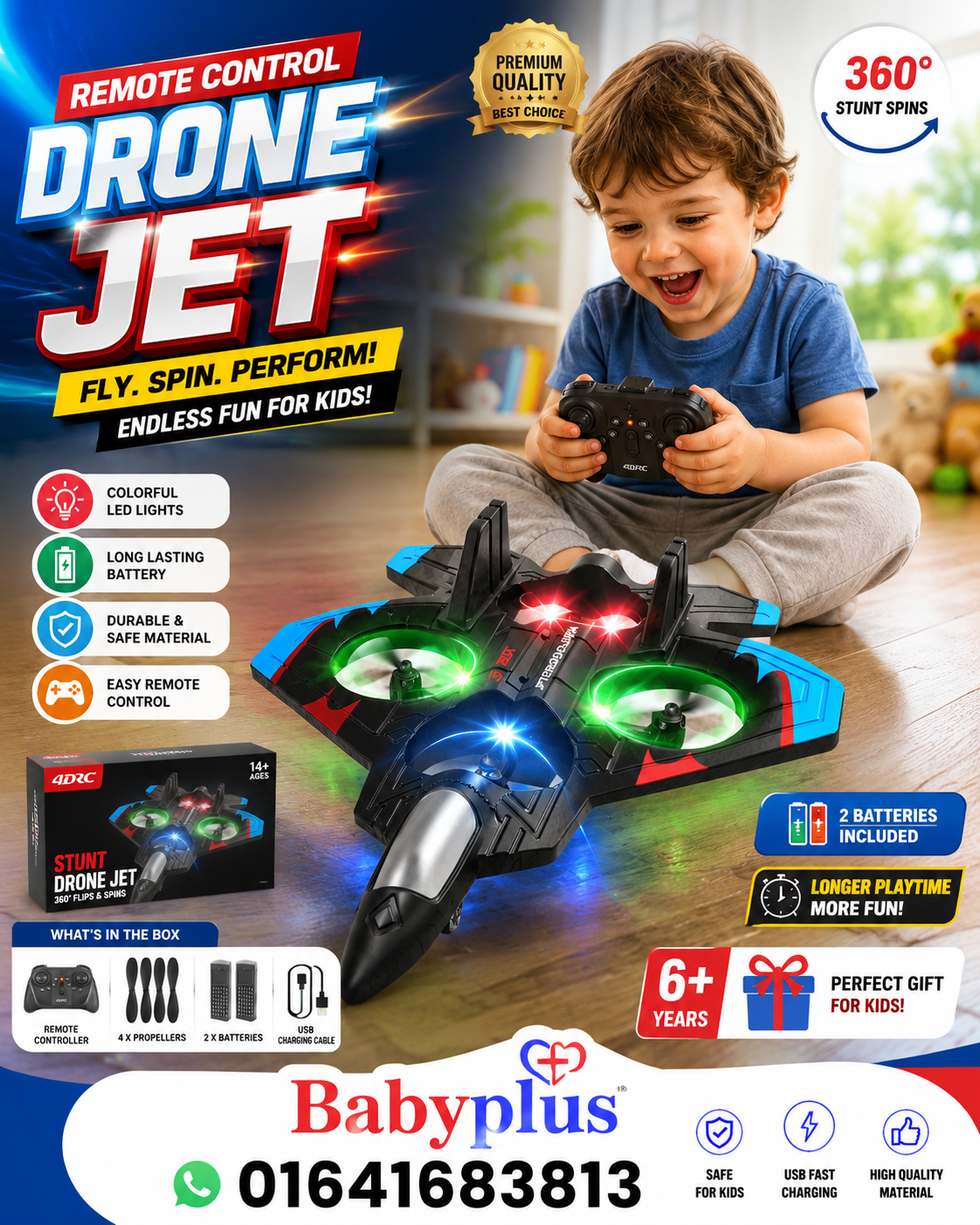 4DRC Rechargeable Remote Control Drone Jet for Kids | 2 Batteries Included